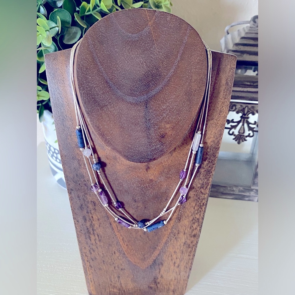 SHUBE Sterling Liquid Silver Amethyst Lapis block Bead Multi Strand Necklace